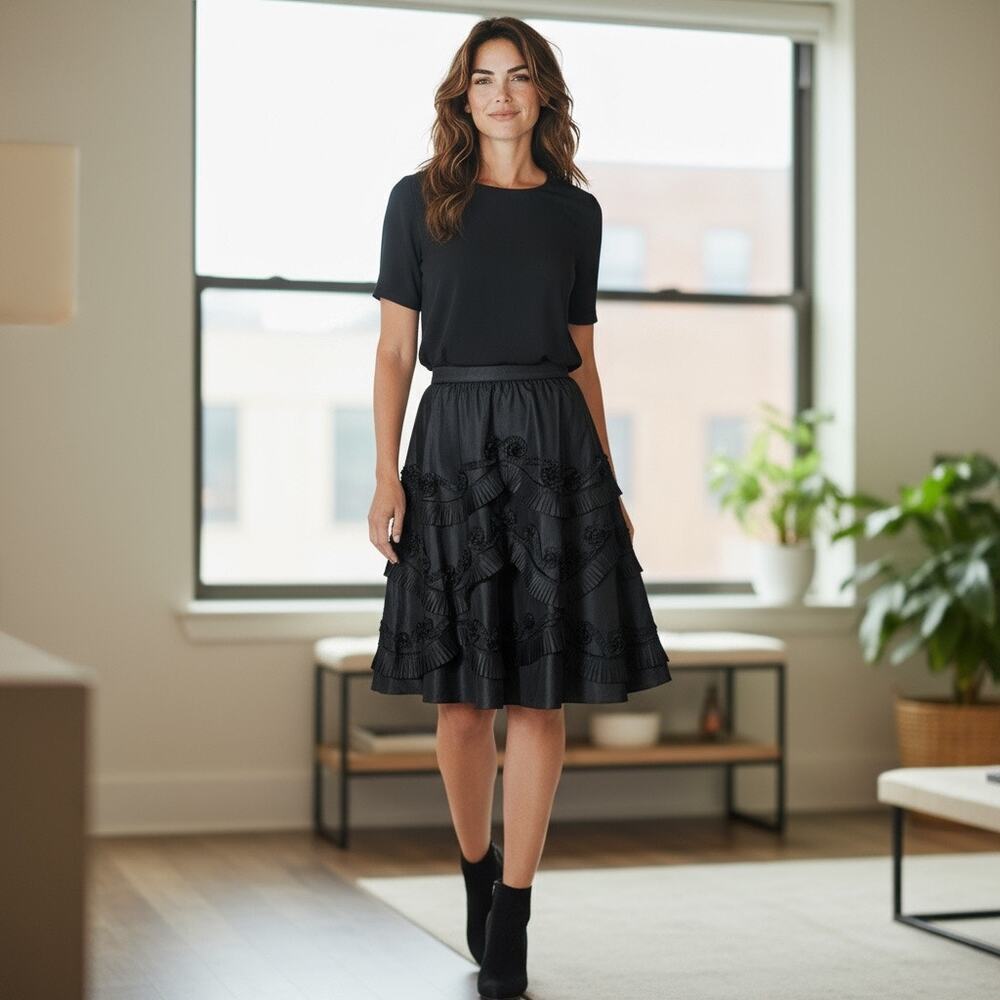 VTG Rickie Freeman Teri Jon Skirt Womens Black Silk Taffeta Rose Ruffle A Line 6